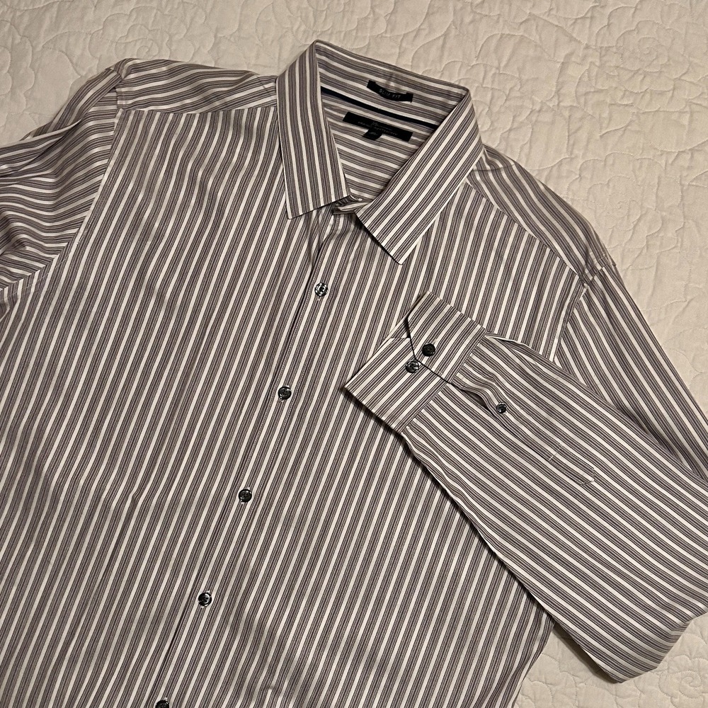 Marc Anthony Slim Fit XL, Men's Gray/White  Stripe Dress Shirt Preowned